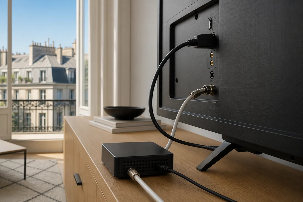 Adaptateur TNT compact relié à un téléviseur par un câble HDMI