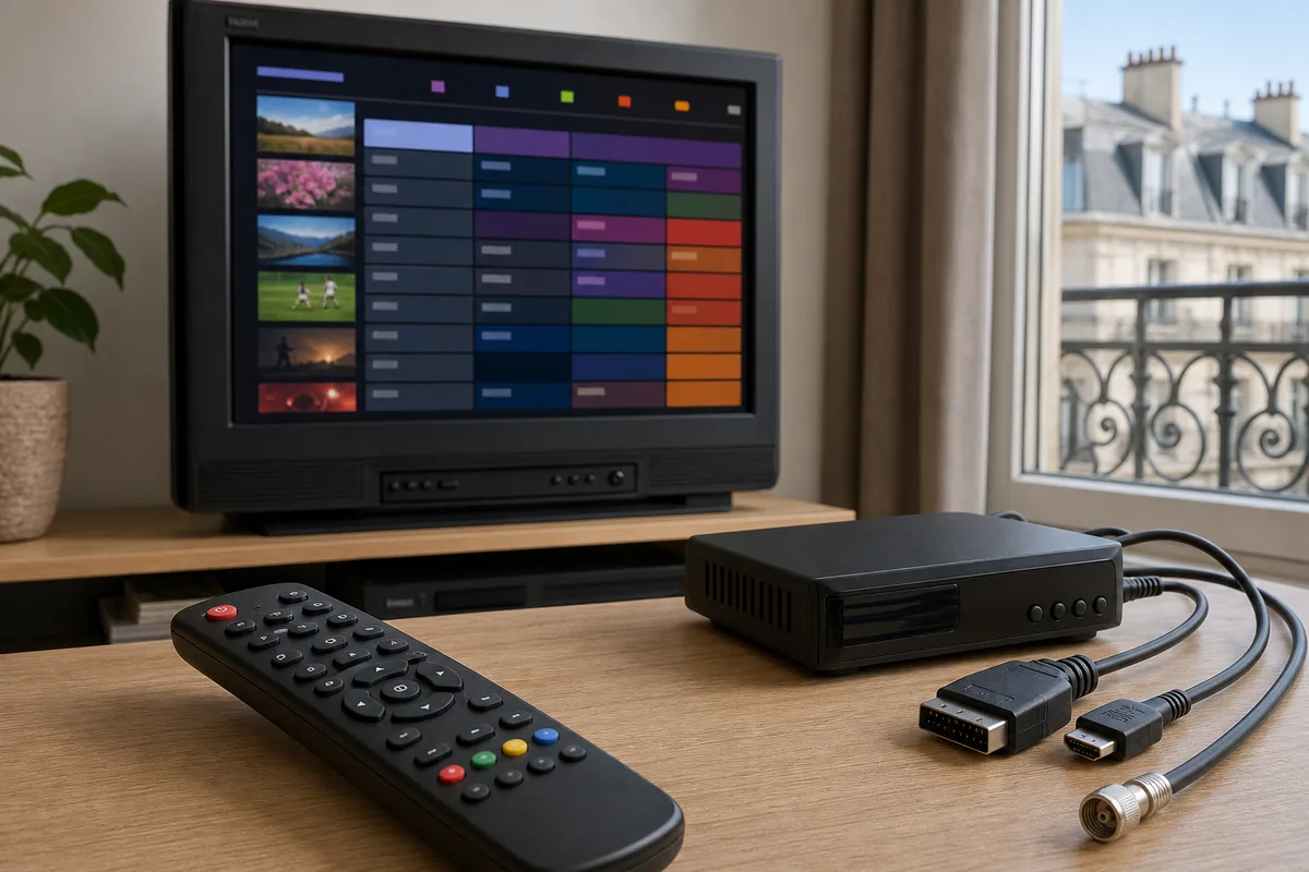 Télécommande d&rsquo;adaptateur TNT posée devant un écran affichant le guide des programmes