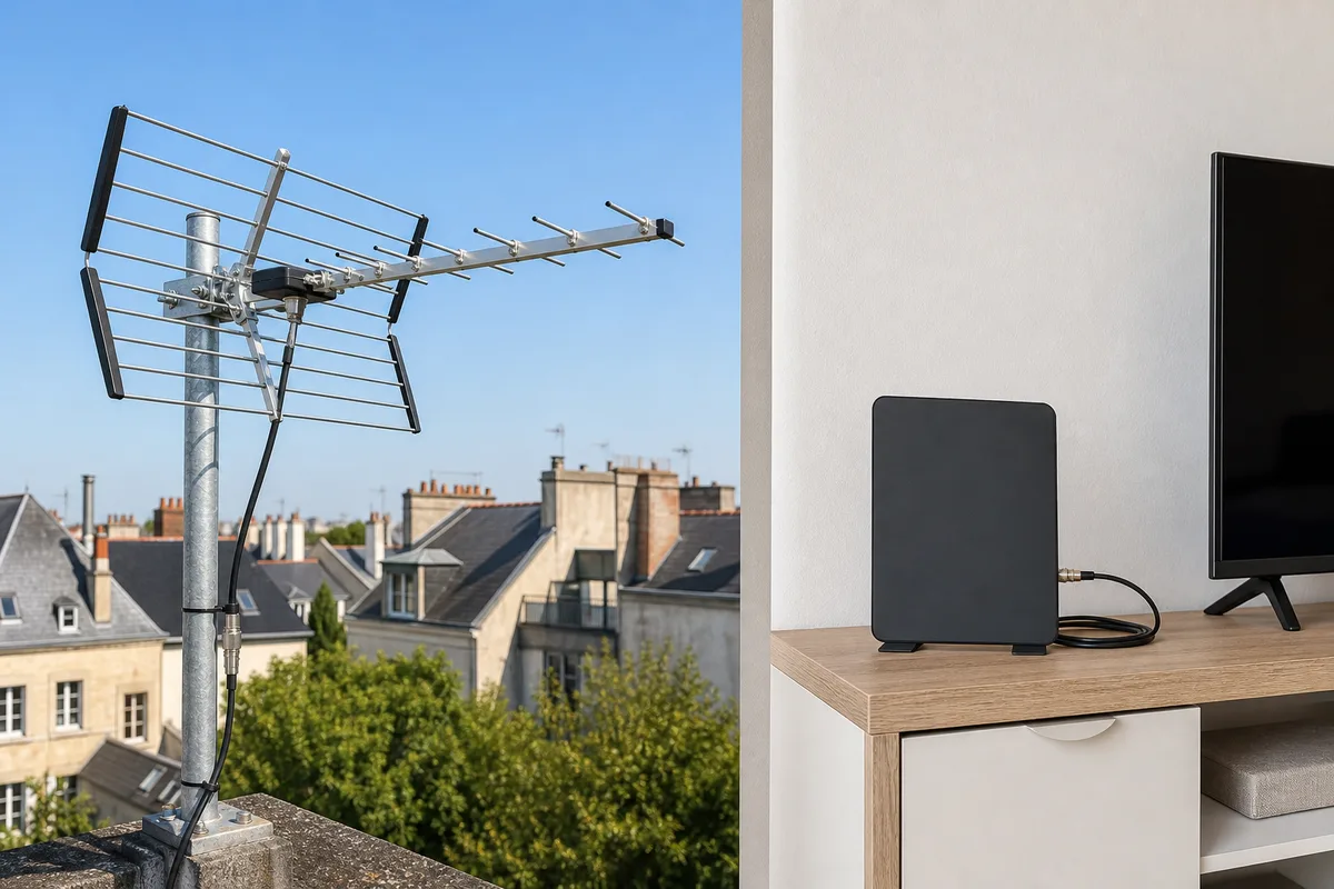 Antenne râteau UHF fixée sur un mât comparée à une antenne intérieure plate posée sur un meuble