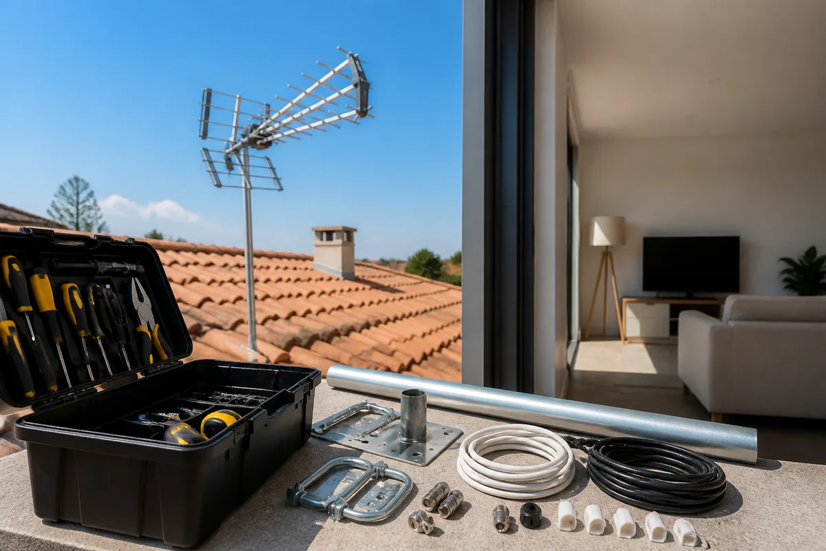 Coffret d&rsquo;outils, mât et colliers de fixation préparés pour l&rsquo;installation d&rsquo;une antenne de toit