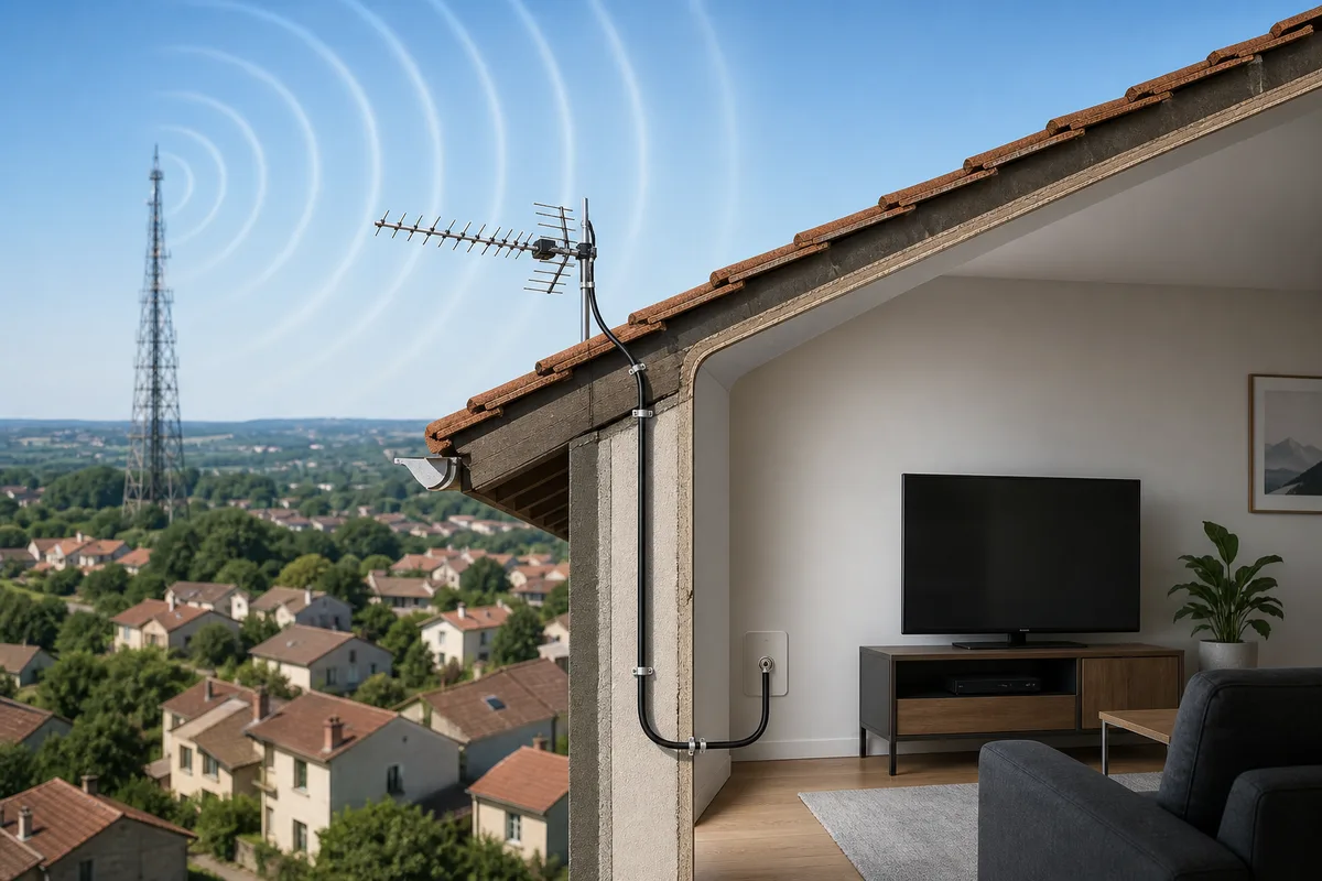 Schéma de la propagation d&rsquo;un signal TNT depuis un pylône émetteur jusqu&rsquo;à une antenne de toit