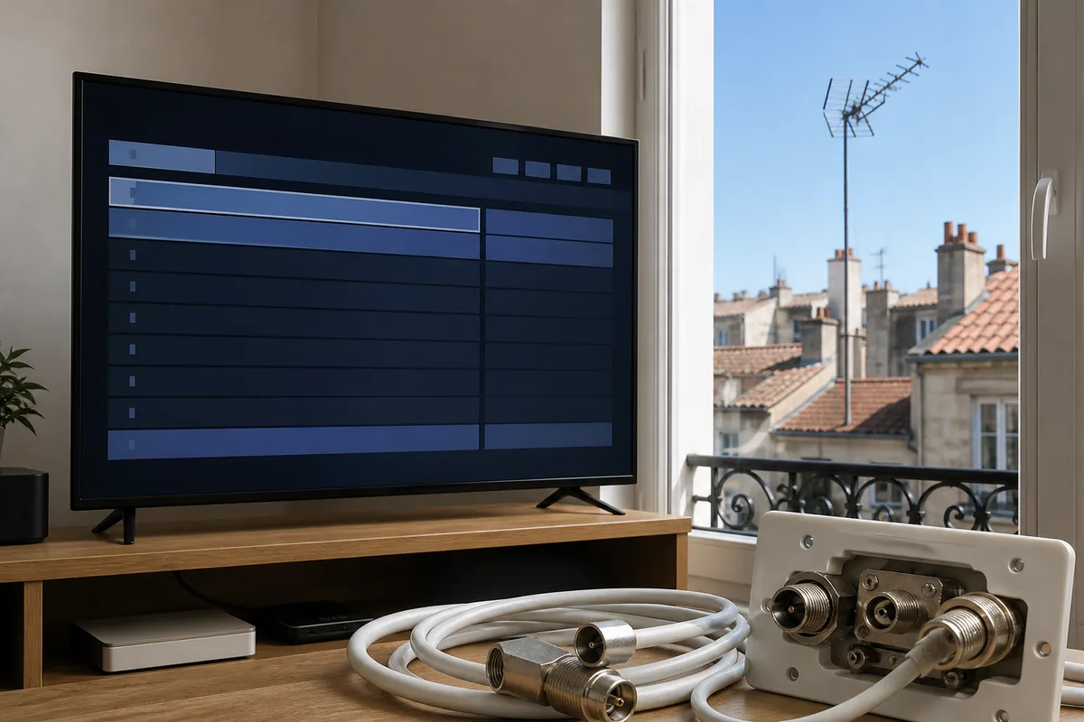 Téléviseur affichant une liste de chaînes hertziennes avec plusieurs entrées manquantes