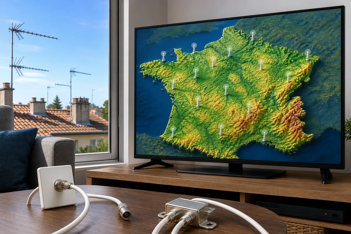 Carte de couverture TNT affichée sur un écran avec relief et position des émetteurs