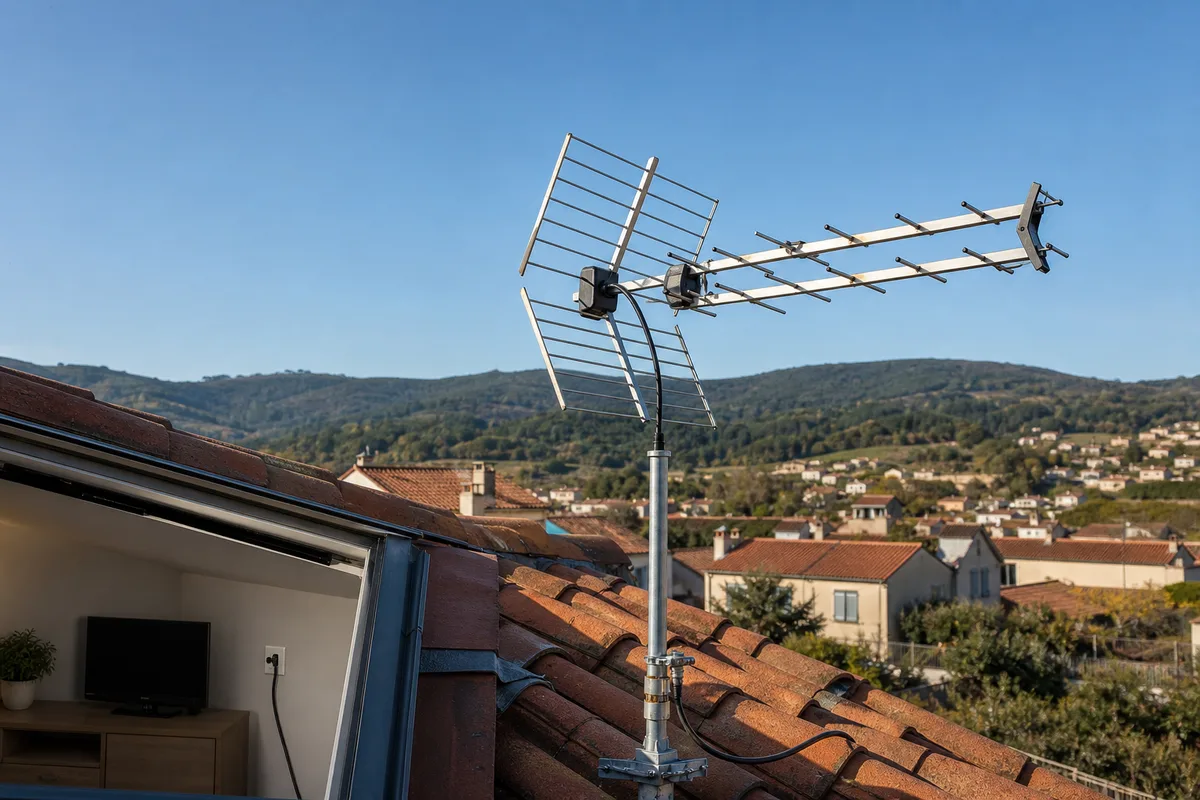 Antenne râteau sur un toit avec une ligne de collines masquant l&rsquo;horizon