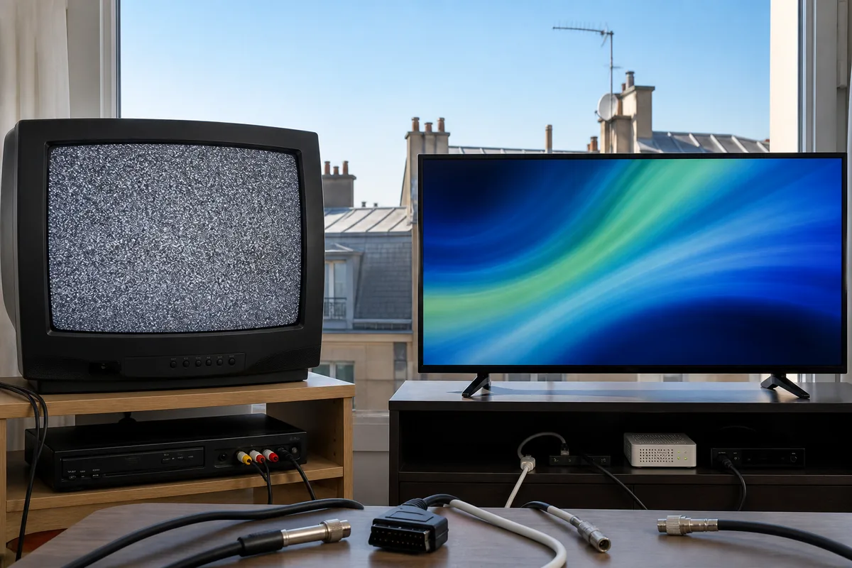 Ancien téléviseur cathodique affichant une image analogique enneigée à côté d&rsquo;un écran plat numérique