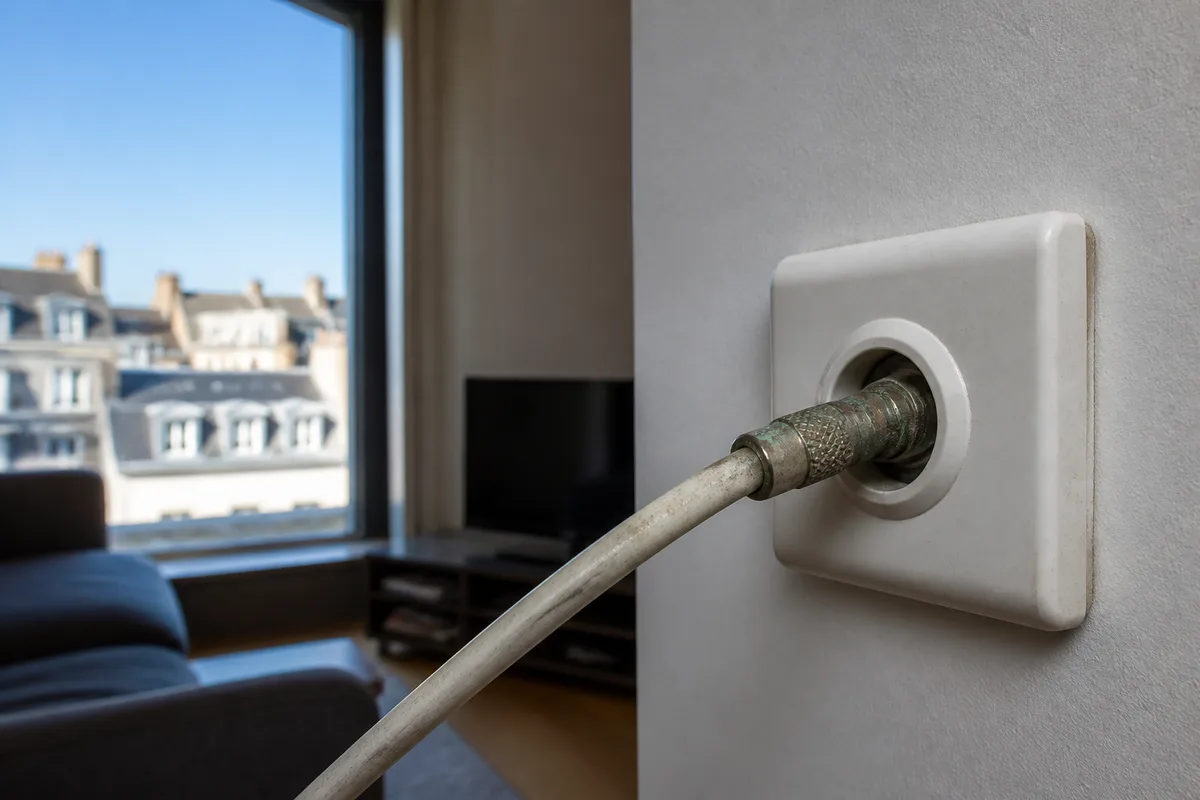 Câble coaxial ancien et fiche antenne oxydée sur une prise murale de télévision
