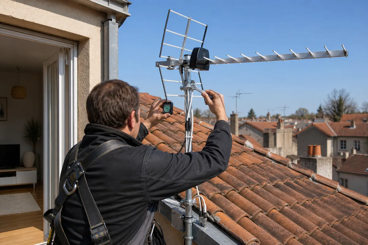 Installateur réglant l&rsquo;azimut d&rsquo;une antenne râteau sur un mât de toiture