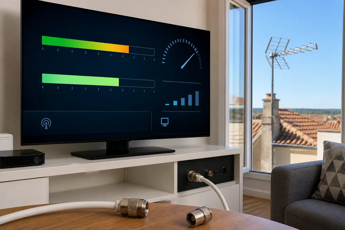 Écran de téléviseur affichant les indicateurs de niveau et de qualité du signal TNT