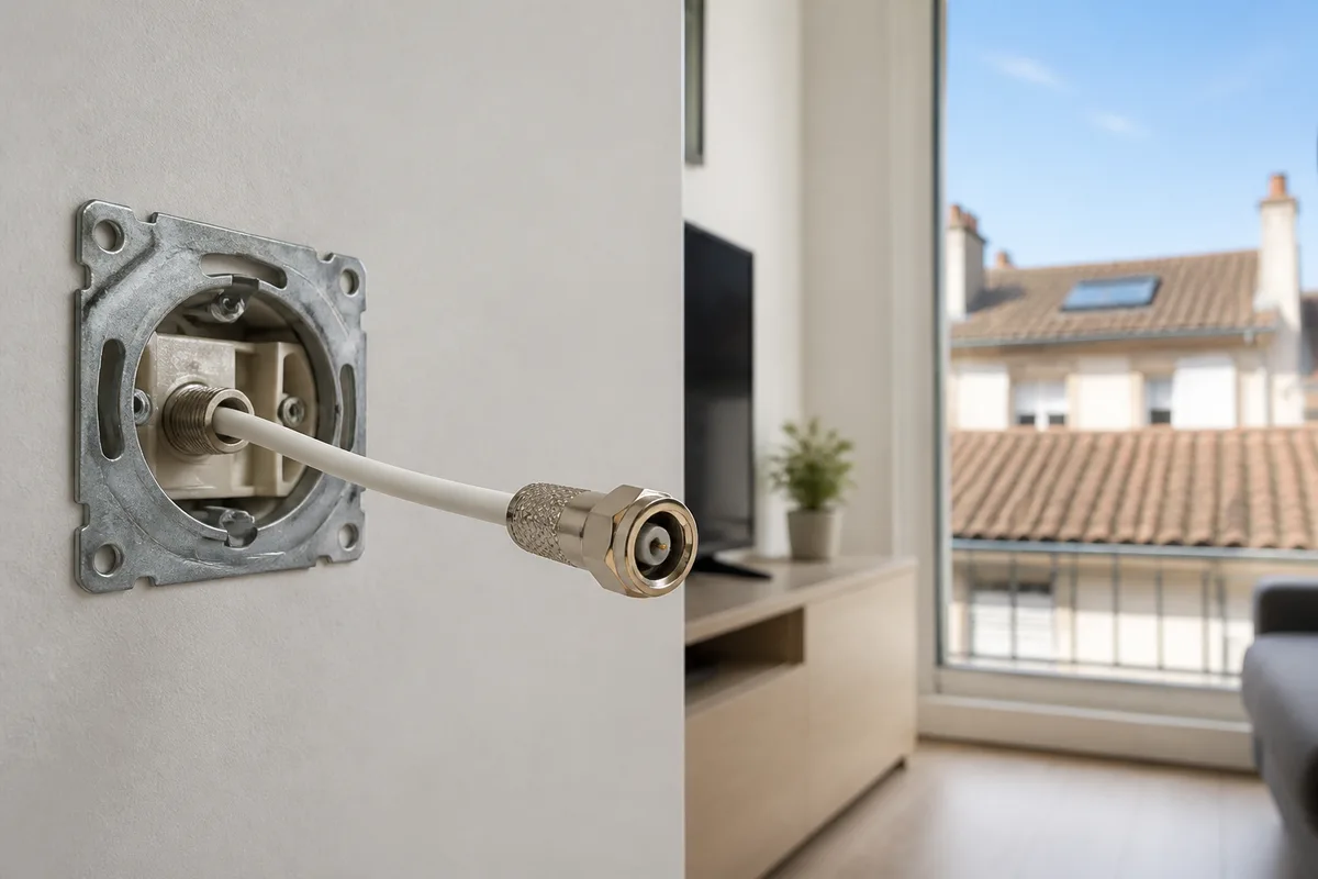 Prise antenne murale démontée montrant un câble coaxial et sa fiche