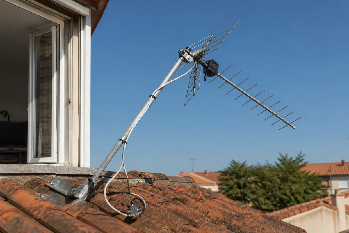 Antenne râteau désaxée sur un toit après un coup de vent