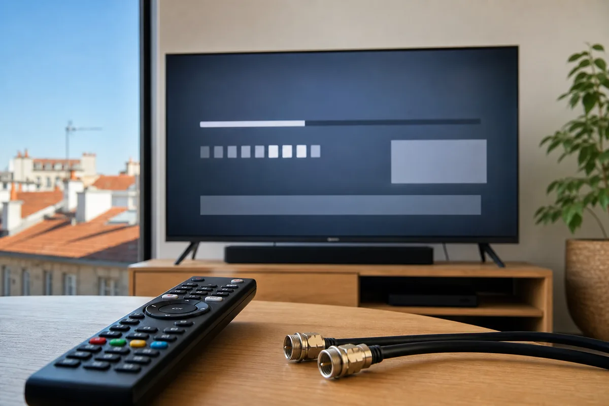 Menu de recherche des chaînes affiché sur un téléviseur avec la télécommande au premier plan